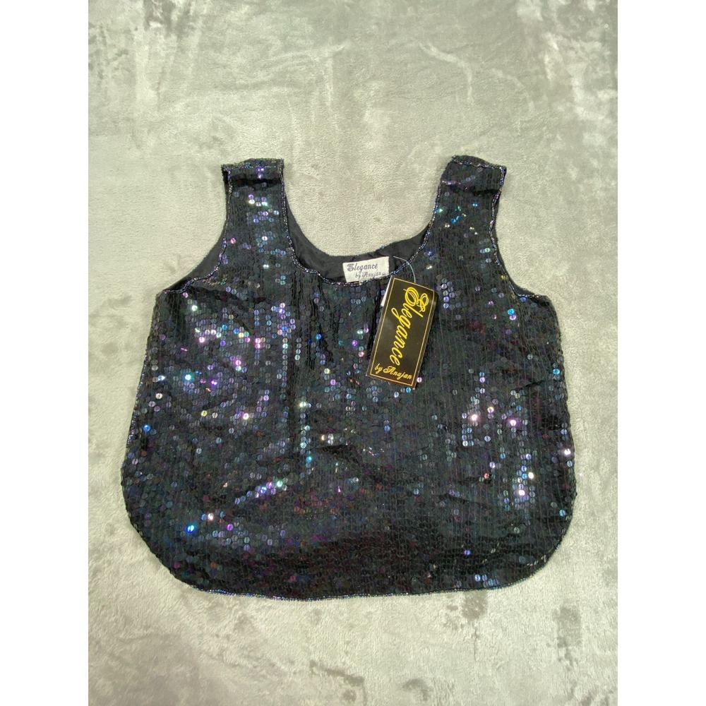 Elegance by Anujan Tank Top Women Medium Black Lined Sequin Silk Beaded Trim NEW